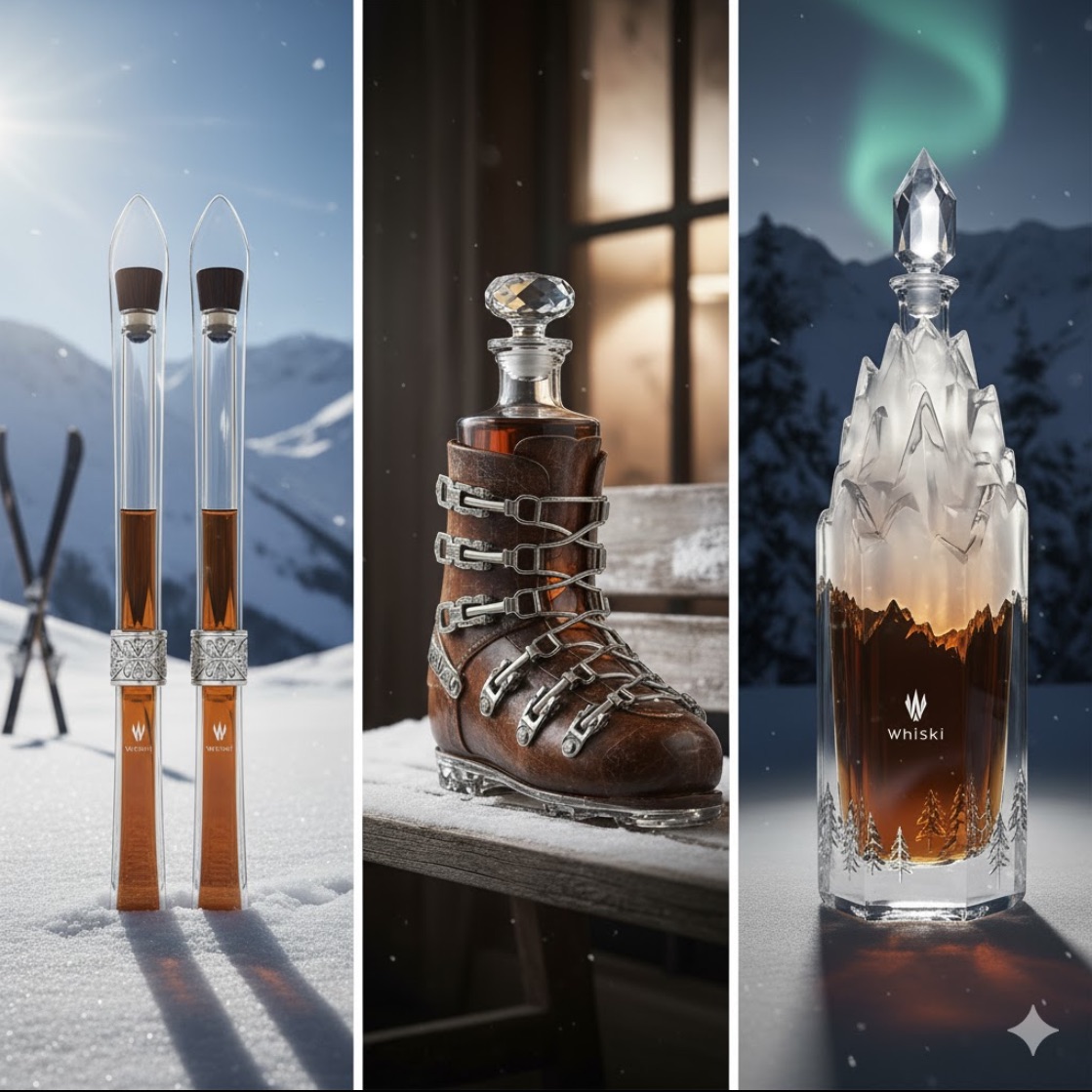 The Whiski Collection: Twin Peaks Skis, Crystal Carve Boot, and Eternal Summit Decanters